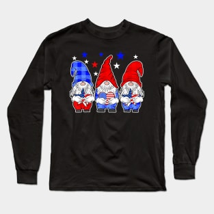 Three Gnomes Holding Amercican Flag 4th Of July Patriotic Long Sleeve T-Shirt